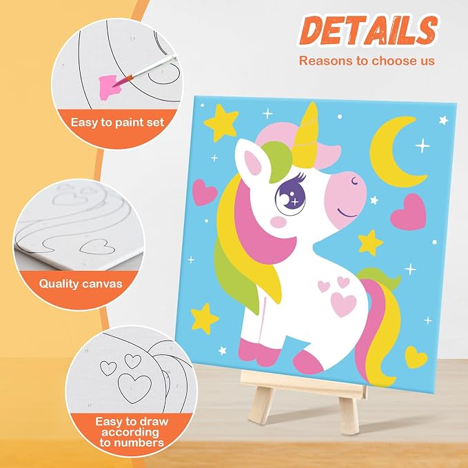 goldentime 6 Pack 8x8inch Paint by Numbers Kit for Kids, Predrawn Canvas for Painting with Unicorn, Butterfly & More, Includes 18 Acrylic Paints, 6 Brushes & Easels, Easy Art Supplies for Kids 4-8-12