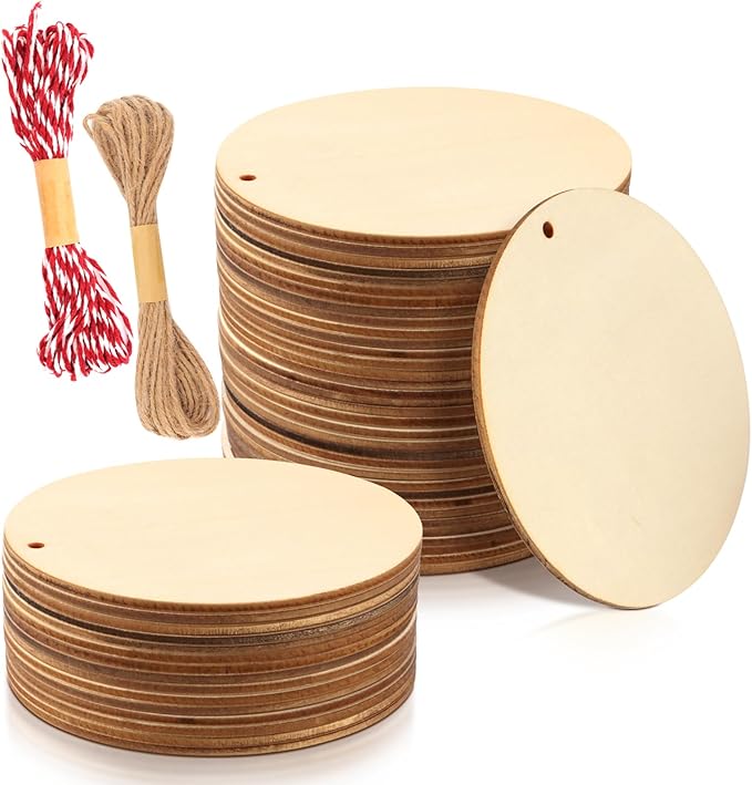 FSWCCK 50 PCS 4 Inch Wood Circles for Crafts – Round Blank Discs with Holes, Unfinished Wooden Cutouts for DIY, Painting, Staining, Coasters,Laser Engraving Sign Blanks, Ornament (4inch-50 Pack)