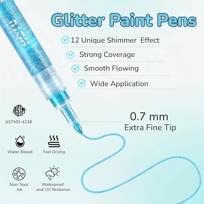 HOTU Glitter Markers Pens, 12 Sparkly Colors, 0.7mm Fine Tip for Coloring