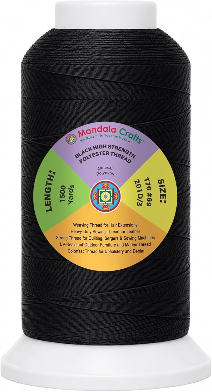 Mandala Crafts Black Tex 70 Polyester Heavy Duty Thread for Upholstery | 1500 Yds T70 UV Resistant Strong Thread for Leather Sewing, Marine, Drapery, Jeans, Hair Weaving & Extension, Outdoor