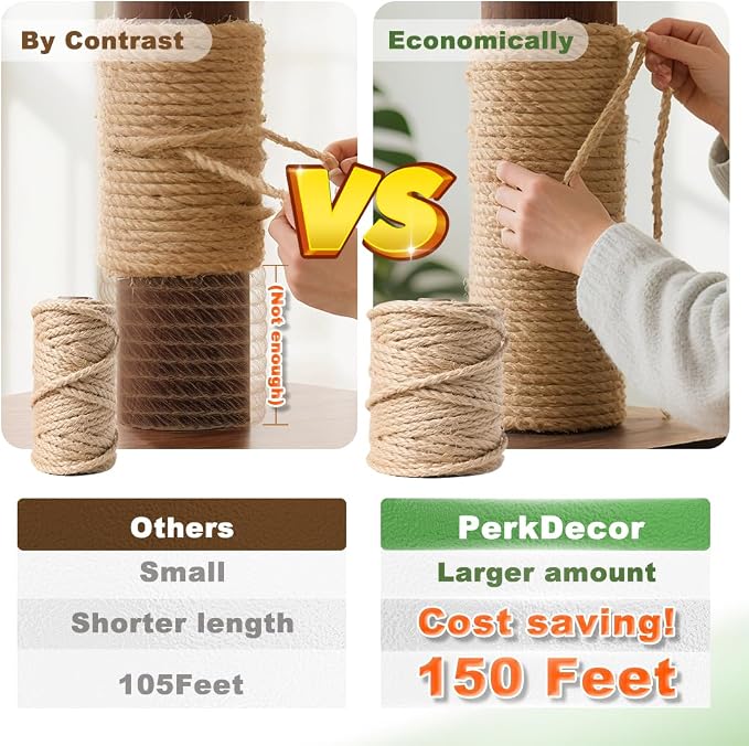 Jute Rope 5MM x 150FT 6Ply Twisted Rope for Crafts Projects Cat Scratcher Scratching Post Tree Gift Wrapping Home Decoration Packing Christmas Twine Bulk (Brown 5mm* 150ft)