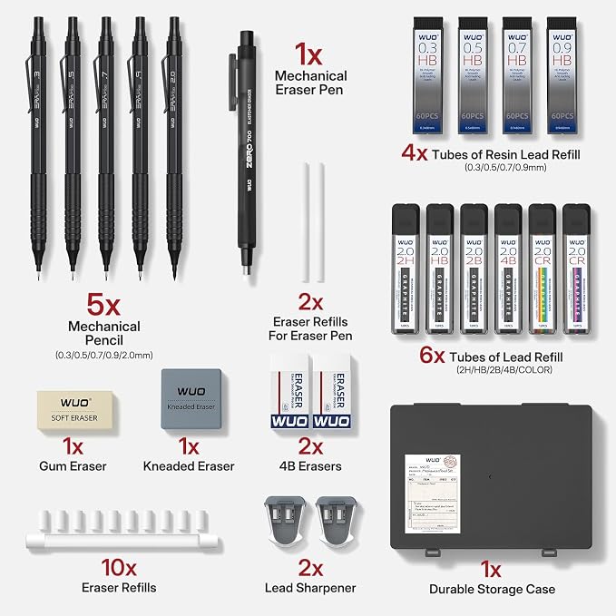 WUO Mechanical Pencil Set, 5 Pack Drafting Pencils 0.3/0.5/0.7/0.9/2.0mm
