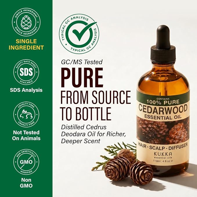 Kukka 100% Pure Cedarwood Essential Oil for Skin, Diffuser, 4 Fl Oz | Cedarwood Oil for Diffuser, Aromatherapy, Bath Blends - GC/MS Tested, Non-GMO, Undiluted Cedarwood-Kukka
