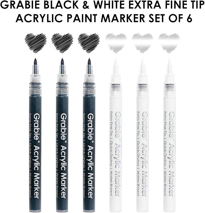 Grabie 6 Pack of Black & White Acrylic Paint Markers, 0.7 mm Extra Fine Tip