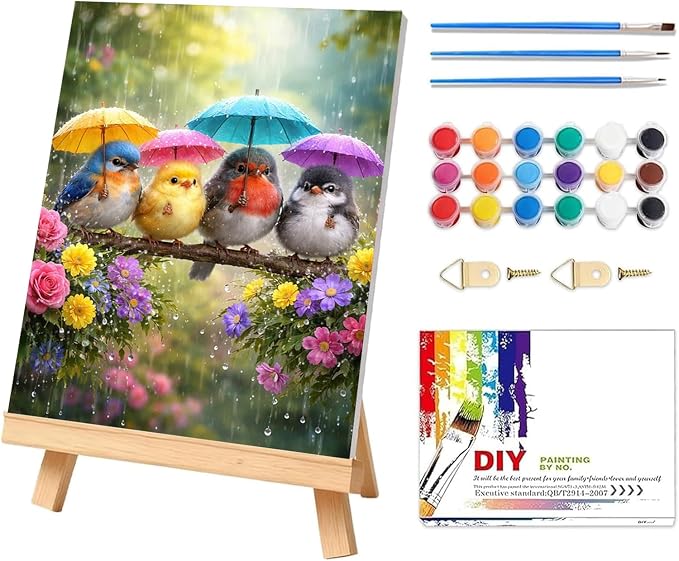 PHANTASYART Birds Paint by Number Framed with Wooden Easel 12x16inch | Birds Adult Paint by Numbers, Bird Canvas Paint by Numbers for Adults, DIY Acrylic Adult Paint by Number Kits on Canvas