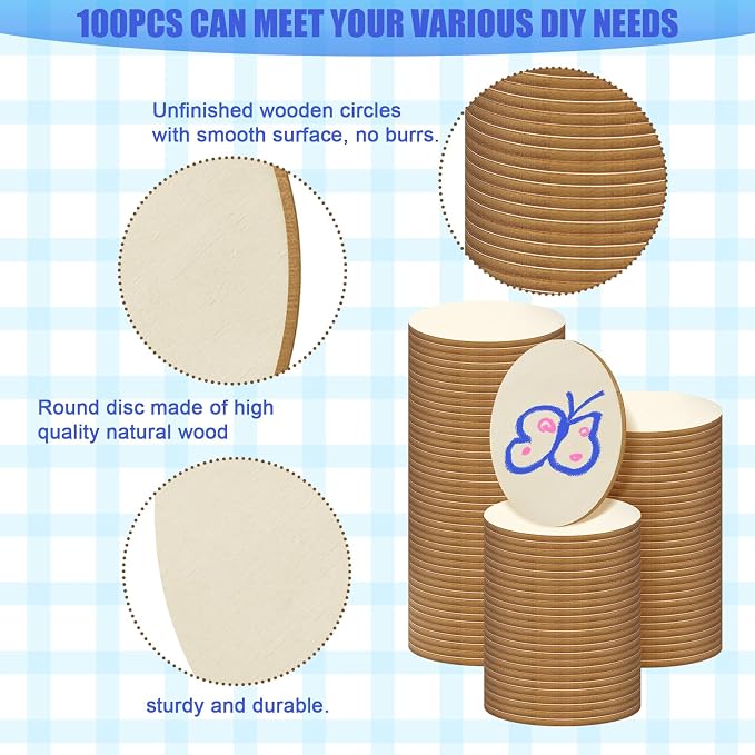 100 Pieces 2 Inch Unfinished Wood Circles