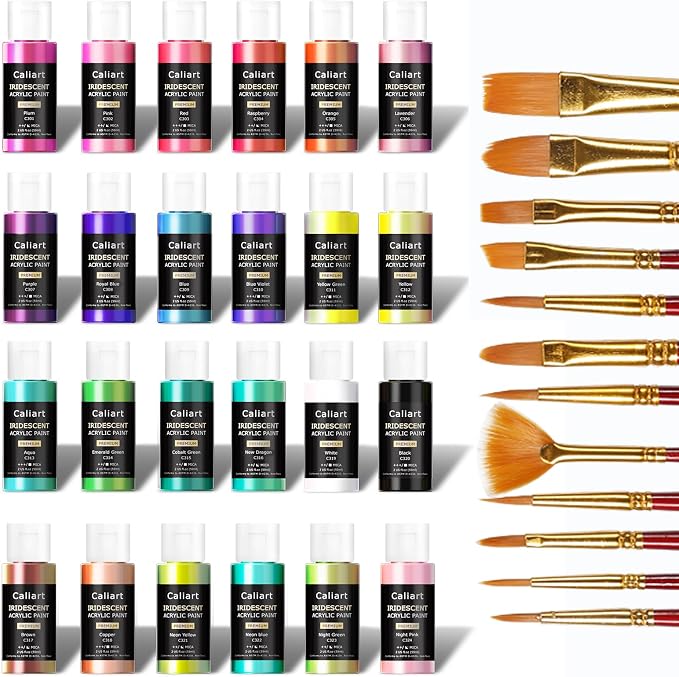 Caliart 24 Chameleon Colors Iridescent Acrylic Paint Set with 12 Brushes ﻿ | Craft Painting kit for Adults Artists Beginners, Rich Pigment Non-toxic, Canvas Wood Rock Pumpkin Ceramic Art Supplies Paint