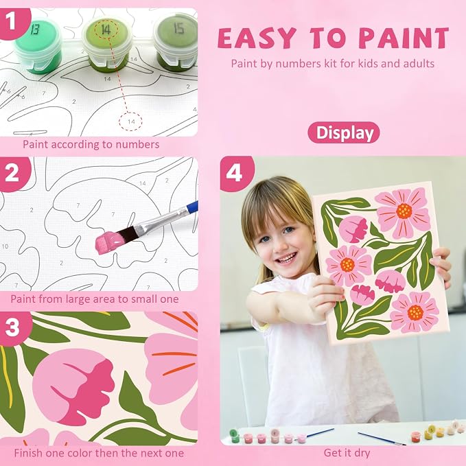 goldentime Easy Paint by Numbers Kit for Kids & Adults Beginner | Easy DIY Flowers Acrylic Oil Painting on Canvas with Frame | 4 Pack 8x10 Inch Framed Paint by Number Canvas Kits for Home Wall Décor
