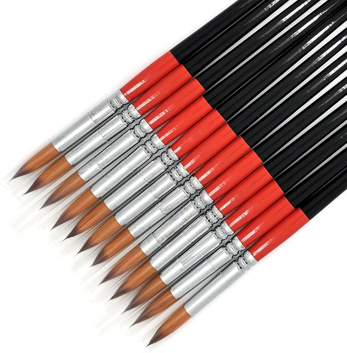 Size #10 Pointed Round Paint Brush Set of 12, Premium Taklon Synthetic Hair | No Shedding Bristles for Acrylic Watercolor Oil Gouache Tempera Enamel Ink Painting for Students, Professionals & Artists