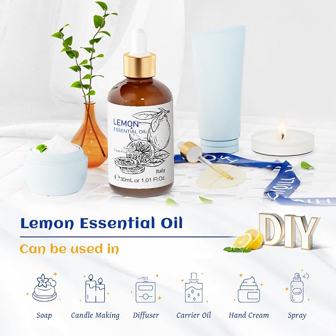 HIQILI Lemon Essential Oil for Cleaning, Diffuser & Skin