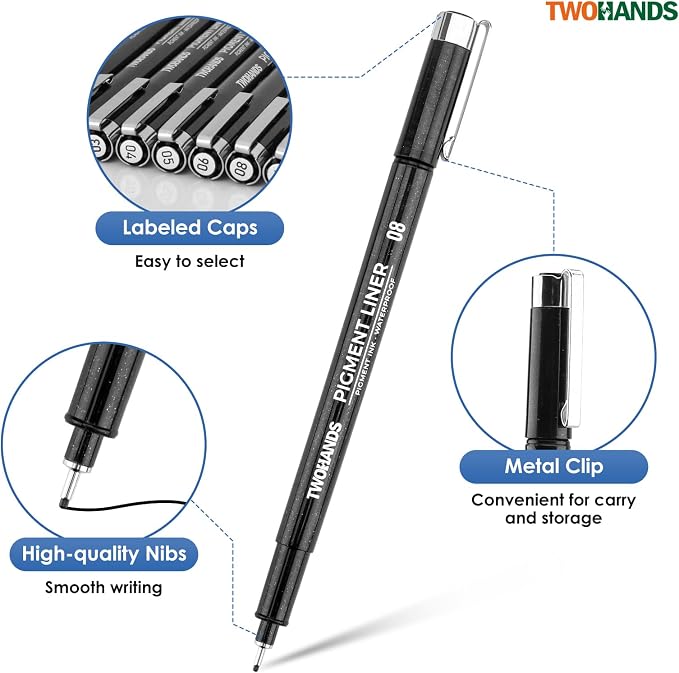 TWOHANDS Art Pen Drawing Marker Pens Fineliners, Set of 16, Black | Technical Drawing Marker, Pigment, For Art Watercolor, Sketching, Anime, Manga，21274