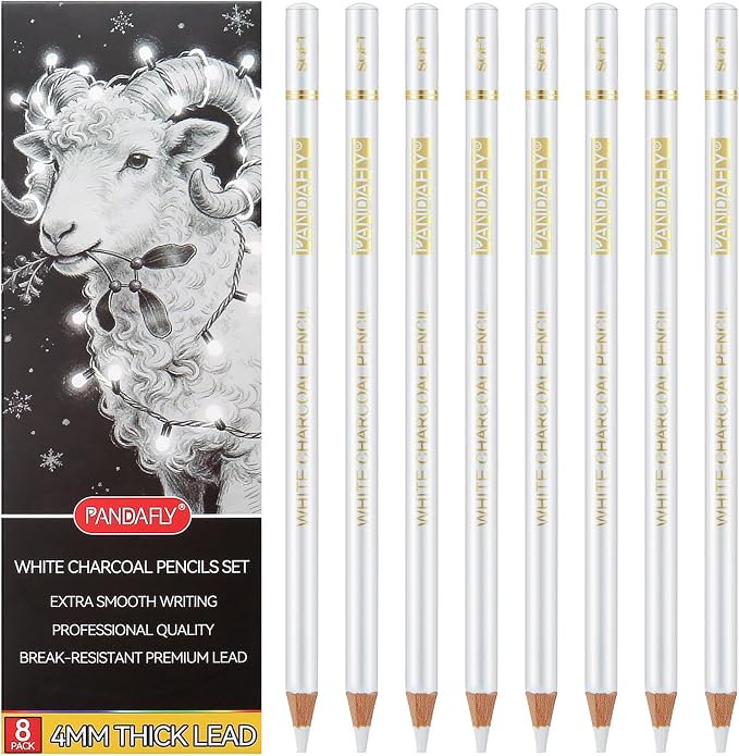 PANDAFLY White Charcoal Pencils Set, 8 Pack, Sketch Highlight Pencils | Professional White Chalk Pencils for Black Paper Drawing, Sketching, Shading, Blending, Ideal for Beginners & Pro Artists