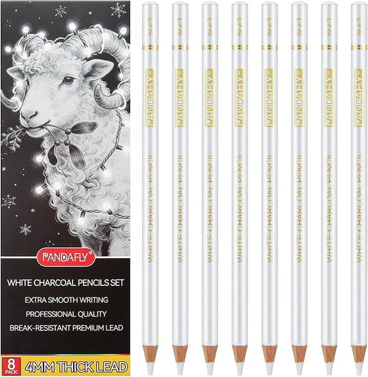 PANDAFLY White Charcoal Pencils Set, 8 Pack, Sketch Highlight Pencils | Professional White Chalk Pencils for Black Paper Drawing, Sketching, Shading, Blending, Ideal for Beginners & Pro Artists