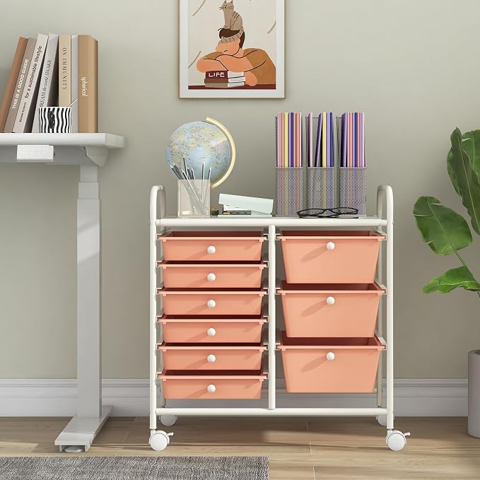 Giantex 9 Drawers Rolling Cart, Classroom Organizers, Storage Cart with Wheels, for Teacher Office Home School Supplies Tool Craft Art Paper, Peach Fuzz