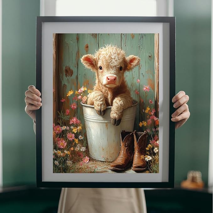 MBNTJHT DIY Cute Cow Paint by Numbers Kit for Adults Beginners,Simple Highland Cow Paint by Number Kits on Canvas,Flowers Digital Oil Painting Kits for Home Wall Decor 16X20 Inch.