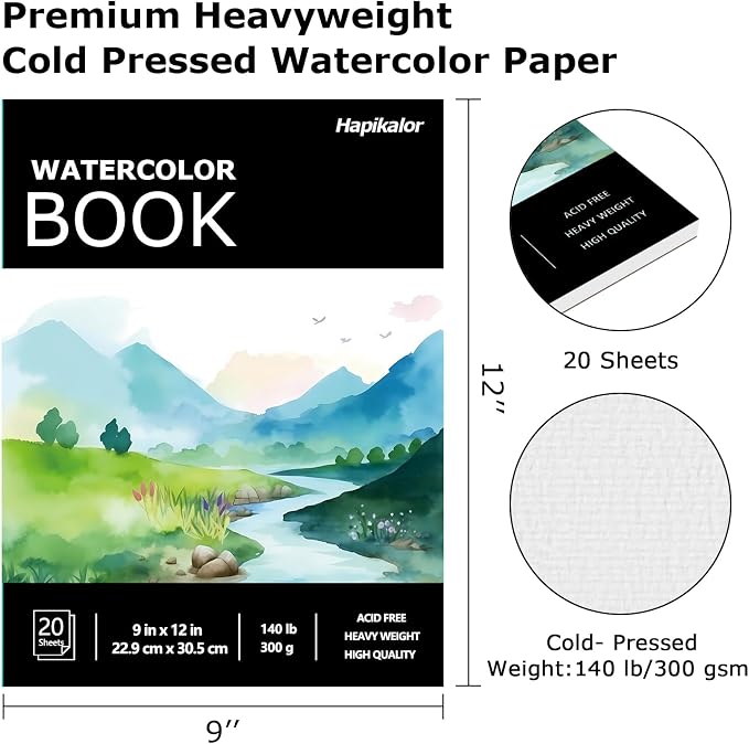 Hapikalor 9"x12" Watercolor Paper, 140lb/300gsm Water Color Paper, Black | Artist Painting Drawing Paper Book, Art Supplies for Adults Kids, Watercolors, Watercolor Paint Set, Sketchbook, Journal