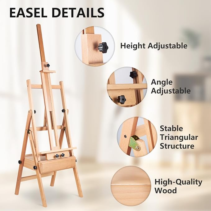 YOKUGO Beech Wood H-Frame Painting Easel with Storage Drawer, Natural