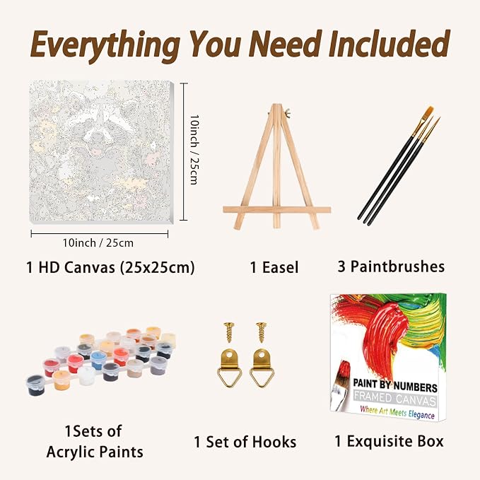 AUKELHJ Framed Paint by Numbers Kit for Adults, Raccoon, 10x10 inch