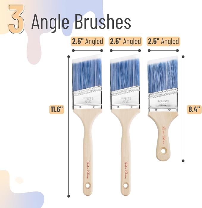 Bates- Angle Paint Brushes for Walls and Trim, 2.5 Inch, 3 Pack, Treated Wood Handle, Stainless Steel Ferrule, Wall Paint Brushes
