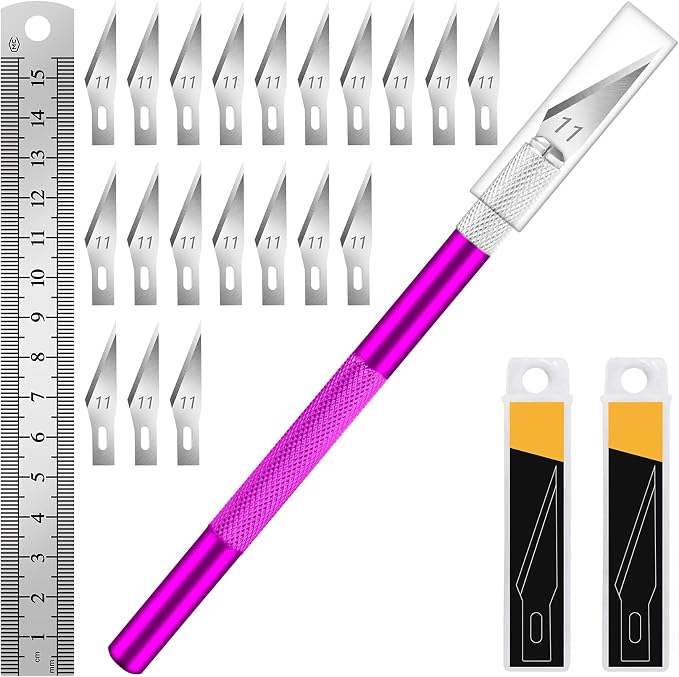 DIYSELF Craft Knife Set with 20 Extra #11 Blades, Aluminum Handle, Ruler | Exacto Knife Kit for DIY, Art, Model Making, Craft Knife with Blades for Artists & Modelers, Aluminum Handle, Purple