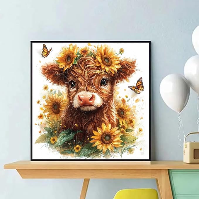 Diamond Art Kits for Adults, Highland Cow Sunflower Diamond Painting Kit