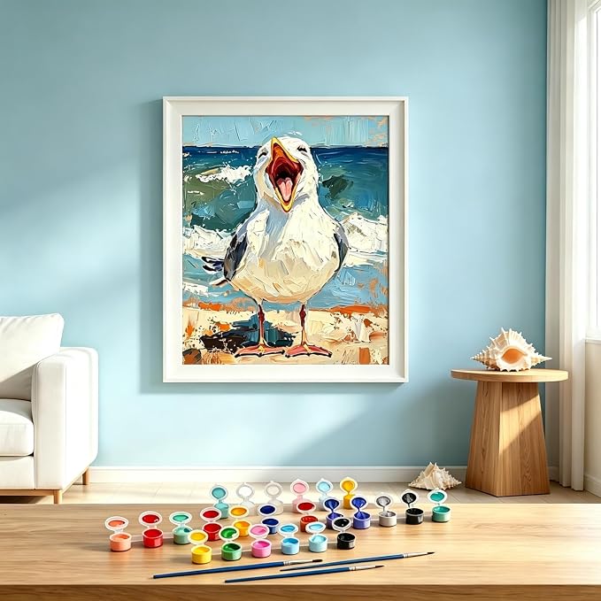 BYGFHLYW Funny Seagull Beach Ocean Paint by Numbers Kit for Adults Canvas | Coastal Seaside Easy Adult Paint by Number Kits On Canvas, DIY Acrylic Oil Painting Kits for Animal Home Wall Decor 12x16Inch