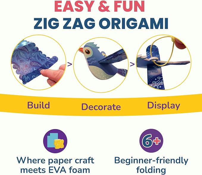 DIY Zig Zag Origami - Beginner Origami & EVA Foam & Paper Craft Kit for Kids 6-10 Yrs - Boys & Girls Build 20 Hanging Birds, Insects, & More - Use for Room Decoration, Christmas Ornaments, & More