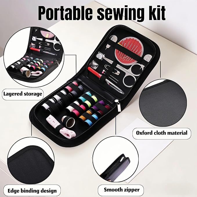 Portable Sewing Kit with 14 Threads & Scissors, Mini Travel Sewing Kit for Beginners & Adults, Emergency Sewing Set for Travelers, Gifts for Grandma Mom Friends, Compact Sewing Accessories (Black)