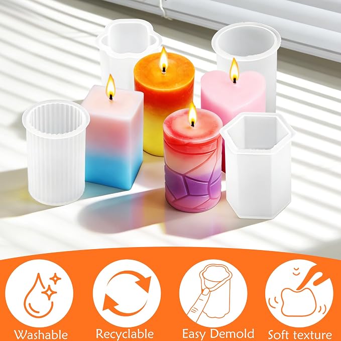8PCS Reusable Silicone Candle Molds Set - Cylinder/Hexagon/Octagonal/Heart/Flower/Square Shapes for DIY Candle Making, Soap, Resin Crafts, Easy Release Candle Making Kit (8, Cylinder & Hexagon)