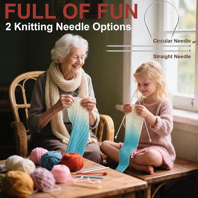 Knitting Kit for Beginners, Complete Starter Kit for Scarf, Hat, Gloves | Kitcroet Knitting Kit Video Tutorials & Written Guide; 2 Types of Needles & Knitting Accessories; 25% Extra Yarn Included
