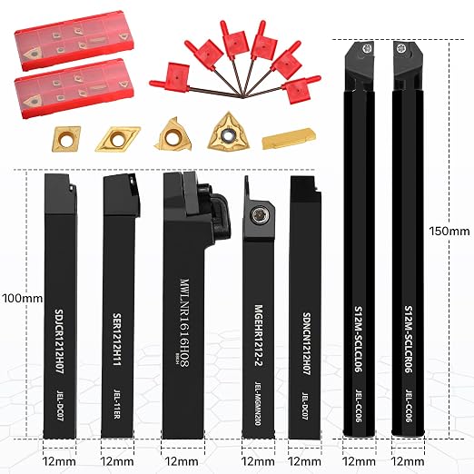 Indexable Lathe Turning Tool 21Pcs Kit 1/2'' 12mm Shank 7Pcs Carbide Turning Tool Holders with 14Pcs Tin Coated Turning Inserts Metal Lathe Tool Holder Set for Turning Grooving Threading Boring