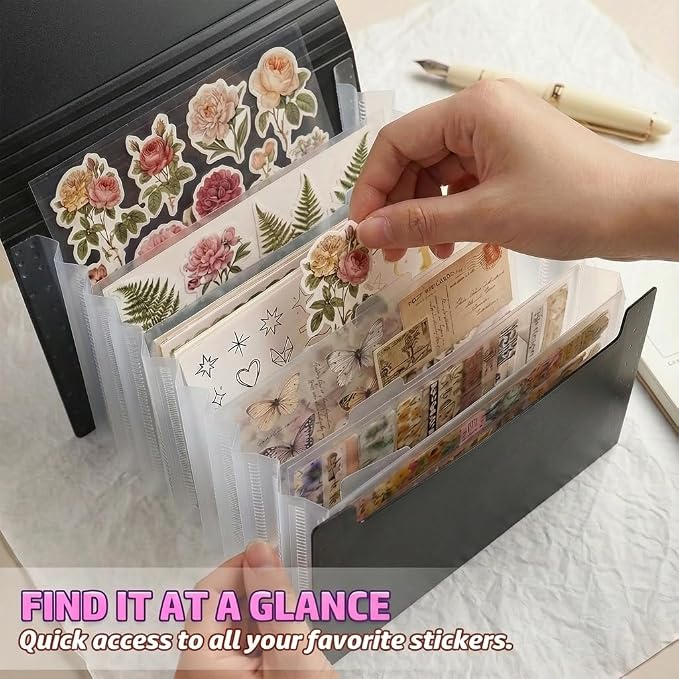 Sticker Storage Organizer with 7 Expandable Pockets, A6 Multi-Layer Desktop Sticker Binder for Scrapbook Essentials and Journal Organizer, Large Capacity for Thick Sticker Album, Washi Tape(Black)