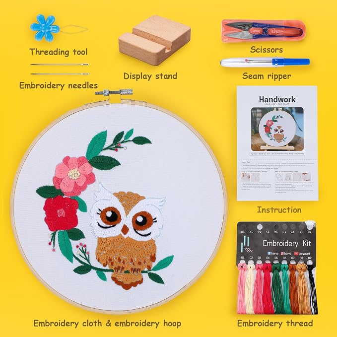 BERYA Owl Embroidery Kit, Embroidery Kit for Adult, Owl Pattern Practice Kit, Including Video Step by Step Instructions, Embroidery Hoop, Cloth, Needles and Thread for DIY Craft Lover (BEO013)
