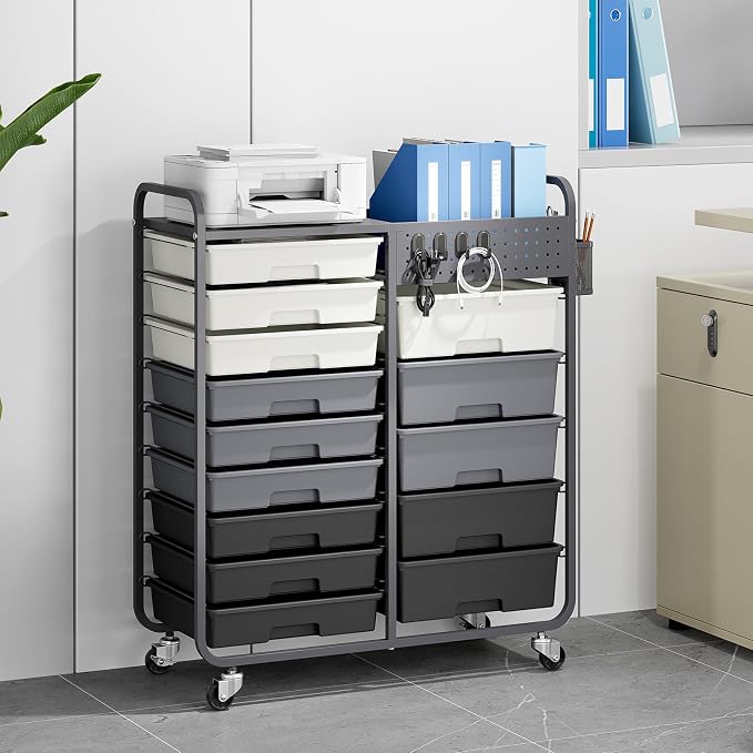 14 Drawer Rolling Storage Cart with Tabletop and Pegboard for Crafts Grey | Easy Setup, Large Capacity, Sturdy Build, Smooth Mobility, For classroom, office and dorm supplies