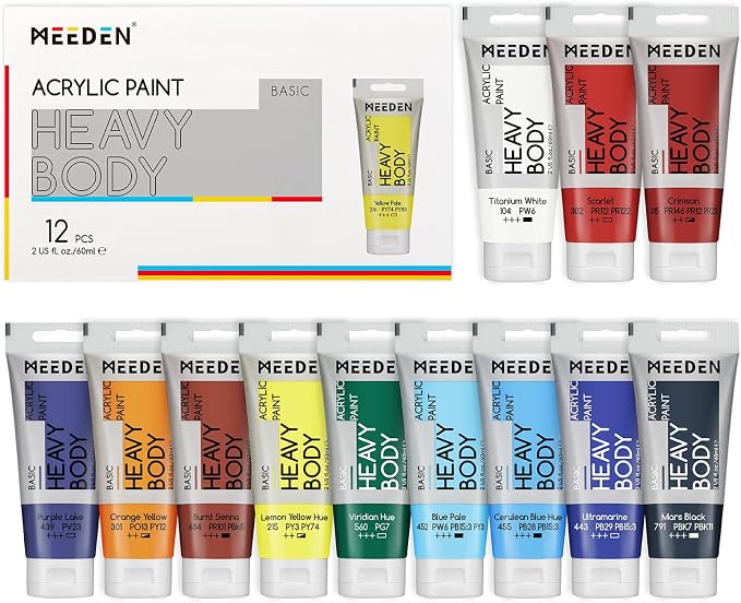 MEEDEN Heavy Body Acrylic Paint: Satin Finish 12 x 60ml (2 oz) Tubes Set | Basic Paint Color Set for Adults, Rich Pigment Halloween Art Craft Paints for Fabric Rock Canvases Pumpkin Painting