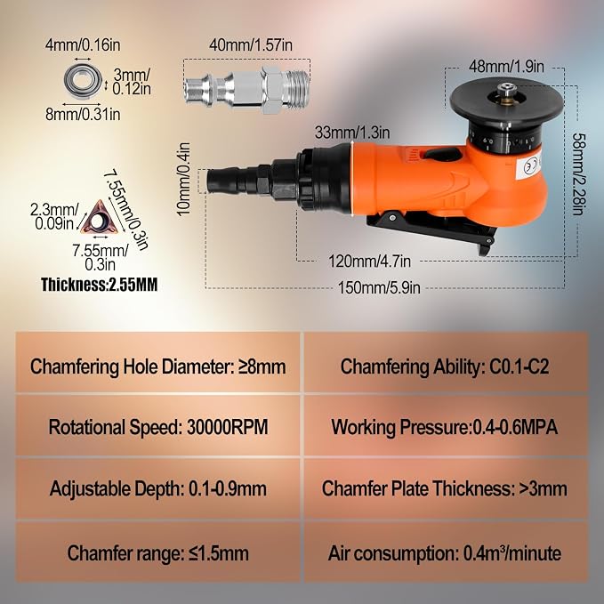 2 in 1 Mini Pneumatic Chamfering Machine, 45° Arc Corner Beveling Trimming Deburring Machine 30000RPM Handheld Chamfering Air Chamfer Tool with 1/4 Inch Air Inlet (C Angle Blades,Orange)
