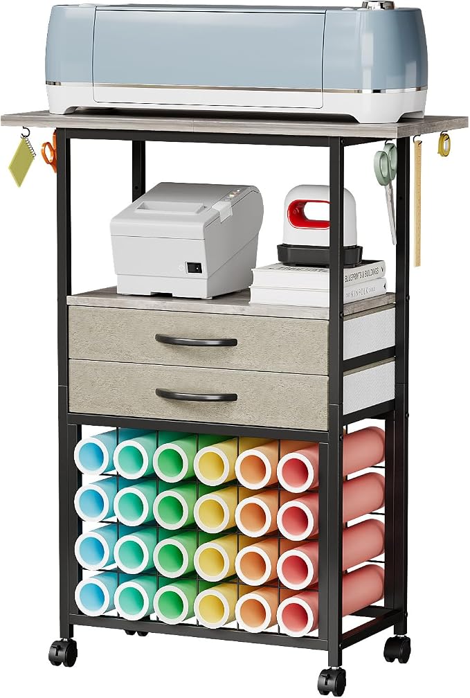 VENNQD Organizer and Storage Stand Compatible with Cricut Machines,Rolling Storage Cart/Shelf with 24 Vinyl Roll Holders，2 Fabric Drawer,Accessories Holder,Tool Hook for Craft Room Home (Greige)