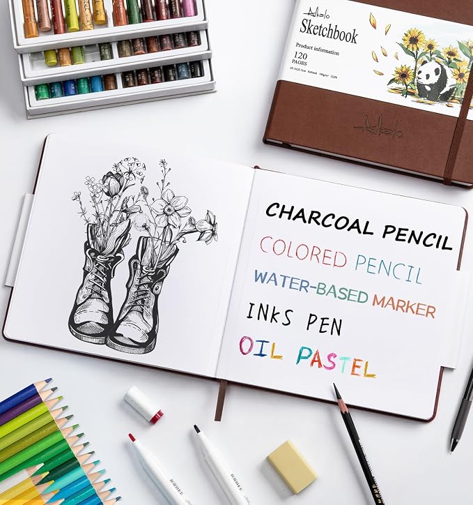 ALKALO Square Sketchbook for Drawing, 120 Pages Sketch Book, 122LB/180GSM Thick Paper, Mixed Media Sketchbook for Charcoal Pencil, Inks Pen, Colored Pencil, Acrylic Marker, Oil Pastel
