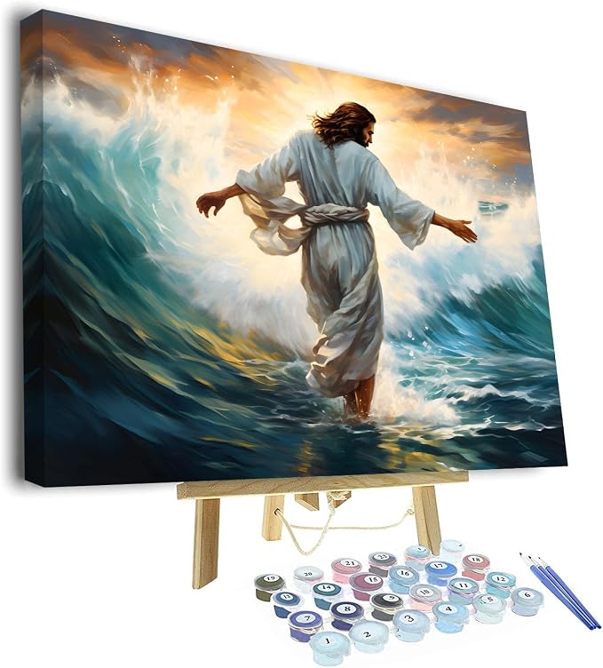 TUMOVO Paint by Numbers Kit for Adults, Adult Paint by Number, Color by Number - Jesus Christ Walking on Water in Storm, Religious Art, Painting by Numbers Canvas, 16x20 Inch(Framed)