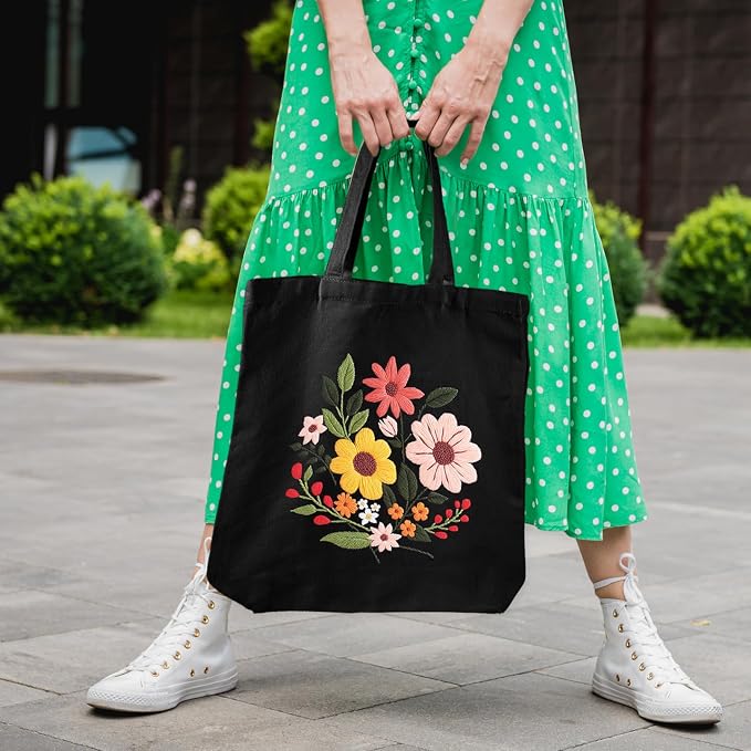 Louise Maelys Halloween Embroidery Kit Canvas Tote Bag with Flower Pattern