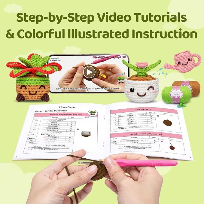 Mewaii Crochet Kit for Beginners, 9 Pack Plant Kit Craft Set | 40% Extra Yarn, Video Tutorial, Pre-Started Piece, Beginner Friendly, Family Craft Gift for Adults & Kids