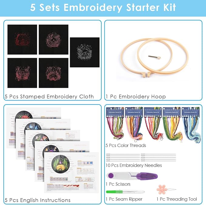 ERKOON 5 Sets Embroidery Kit for Beginners Adult Mushroom Cross Stitch | Embroidery Set Include Embroidery Cloth Hoops Threads for Craft Lover Hand Stitch with Embroidery Skill Techniques