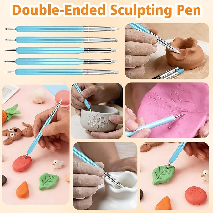 17PCS Silicone Clay Sculpting Tools, Dual-Ended Dotting Tools Set with 1.7 FL OZ Air Dry Clay Glaze for Pottery, Ceramic Modeling, Rock Painting, Art Blending - Ideal for Adults & Kids DIY Crafts