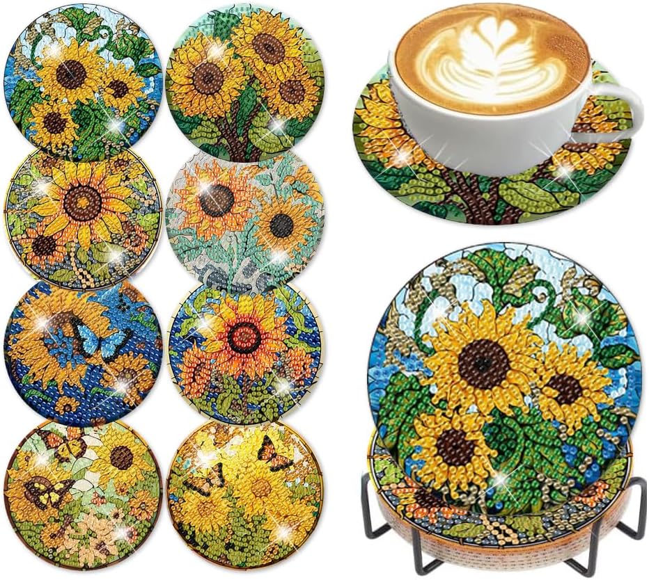 Diamond Art Coasters Kit, 8 Pieces Sunflowers Diamond Painting Coasters Kit