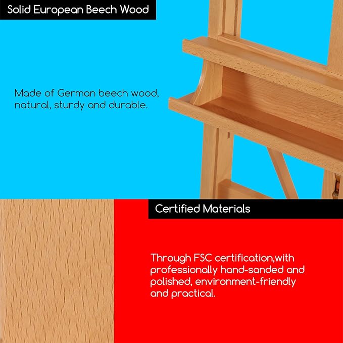 MEEDEN Studio Wood H-Frame Easel: Art Easel with Storage for Artist | Wooden Artist Painting Easel on Wheel - Floor Easel with Movable Tilting for Adults Artist Art Students Beginners Natural