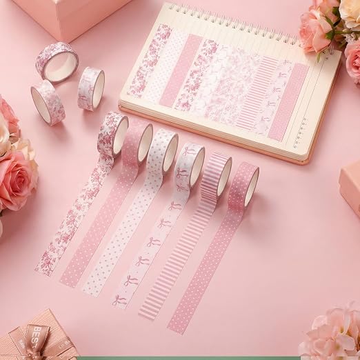 12 Rolls Floral Washi Tape Set,Pink,Bows and Polka Dots | Watercolor Flowers Design for Scrapbook Journal DIY Craft School Supplies, 15 mm Vintage Decorative Masking Washi Tapes
