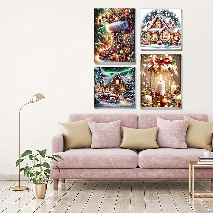 4 pack Christmas Paint by Numbers Kit for Adults Beginner with framed | Winter Easy Adult Paint by Number Kits on Canvas DIY Painting for Beginners Art by Numbers for Home Wall Decor 10x12 Inchh