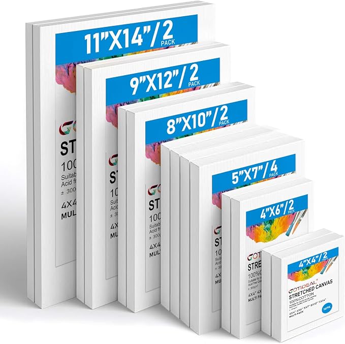 Gotideal Canvas for Painting, 4x4,4x6, 5x7, 8x10,9x12, 11x14 Set of 14 | 14 Pcs Muti Pack Stretched Painting Canvas, Blank Paint Canvases for Acrylic, Oil, Art Supplies for Artists, Adults