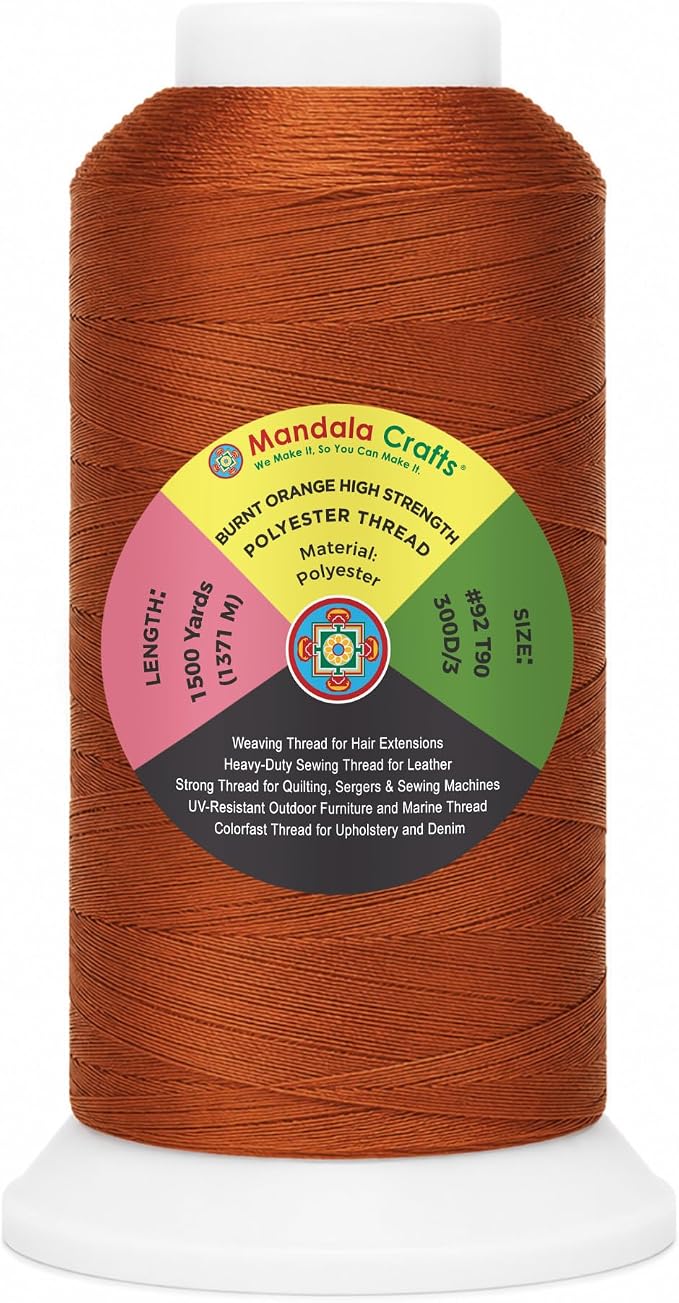 Mandala Crafts Burnt Orange Tex 90 Upholstery Polyester Heavy Duty Thread | 1500 Yds T90 UV Resistant Strong Thread for Leather Sewing, Marine, Drapery, Jeans, Hair Weaving & Extension, Outdoor