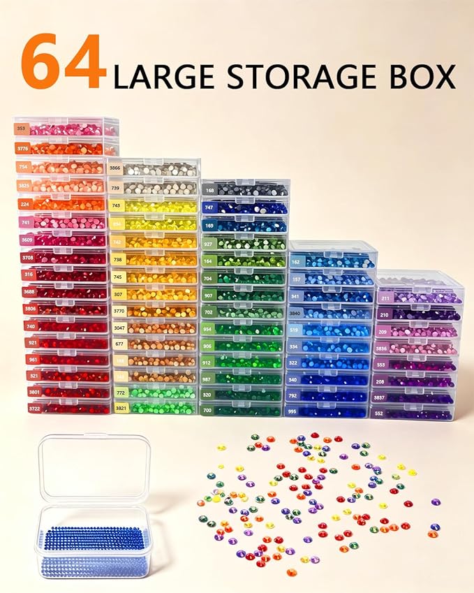 64 PCS Diamond Painting Storage Case, Bead Storage Containers with Lids & Label Stickers, Portable Diamond Art Organizer Box with Carrying Handle, Black